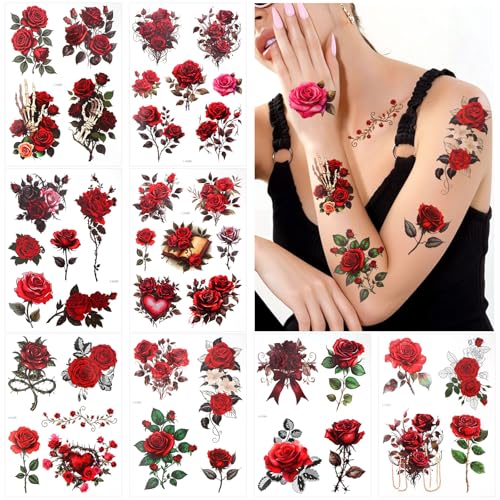 Konsait 8 Sheets Rose Temporary Tattoos for Women Girls Flower Tattoos Fake Tattoo Rose Flower Body Makeup Tattoo for Valentines Day Dating Weddings