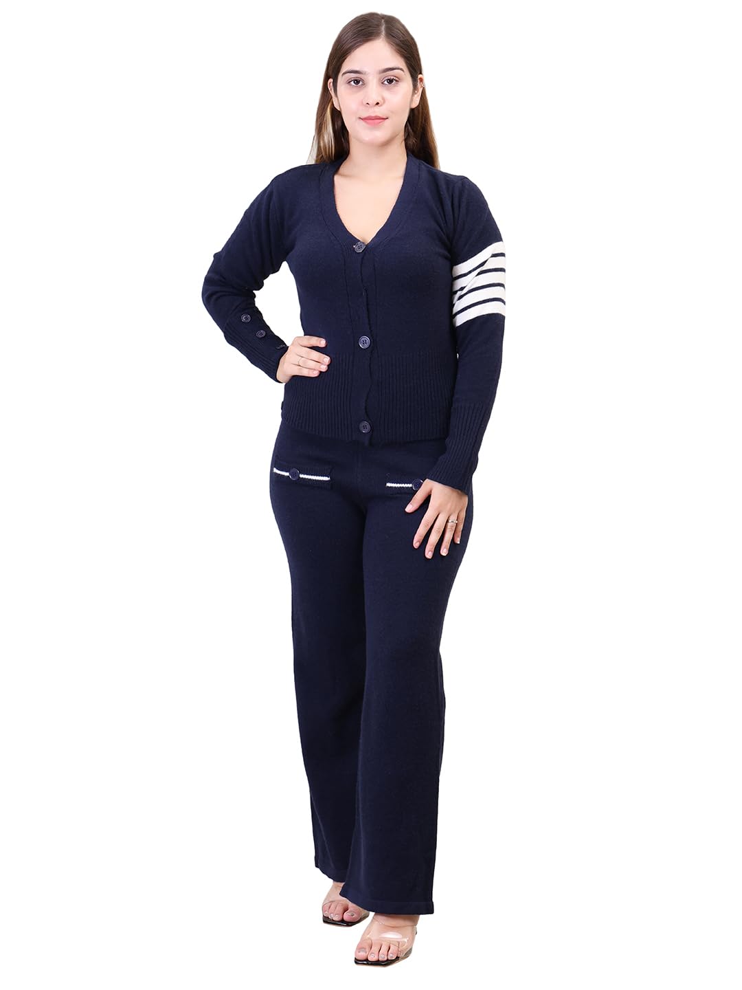 camey Women's Long Sleeve V-Neck Open Button Woolen Co-Ord Set-picture-22