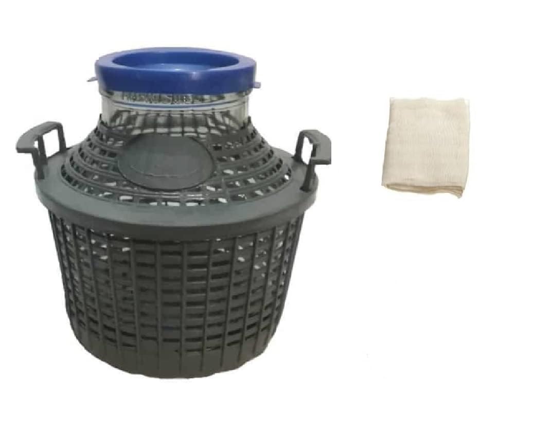 North Mountain Supply Wide Mouth Glass Demijohn with Plastic Basket - 5 Liter (Approx. 1 Gallon) - Includes Cheesecloth, Rubber Band, and Lid