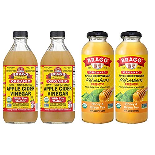 Bragg Organic Apple Cider Vinegar With the Mother 16 Ounce 2 Pack and Bragg Organic Honey Green Tea Vinegar Drink 16 Ounce 2 Pack Bundle