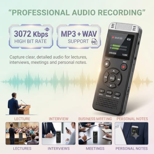Image of ROCKTECH Digital Voice Recorder 32GB, 3072Kbps HD Recording, 80H Battery, Voice Activated, MP3 WAV FLAC Playback, 1.5 inch LED Display for Meetings, Lectures, Interviews, Students & Journalists