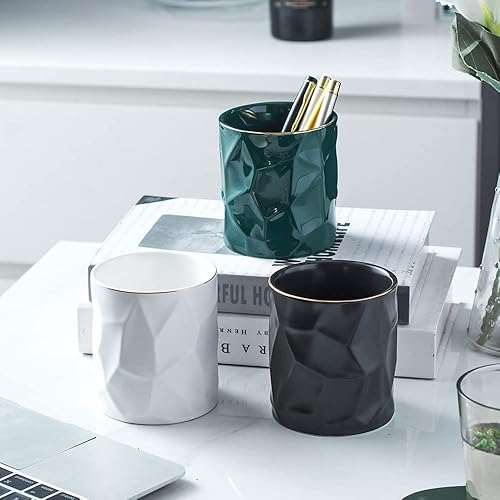 Miniatura 3 de Soporte redondo irregular de cerámica para escritorio, lindo soporte de línea dorada, organizador de escritorio para hombres y mujeres (negro)