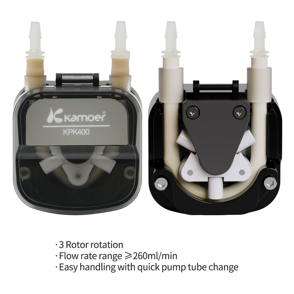 Bomba peristáltica Kamoer KPK400, 12 V CC, bomba dosificadora de líquido de alta velocidad, 360 ml/min, tubo BPT, diámetro interior 4,8 mm x diámetro exterior 8 mm, 3 rotores