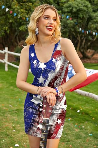 Image of For G and PL Women 4th of July American Flag Tank Dress Deep V Neck Stars Stripe Mini Patriotic Sleeveless Sundress
