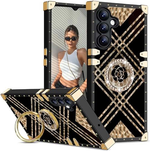 Coque anneau Samsung S25 FE avec bordures géométriques et finition souple noire