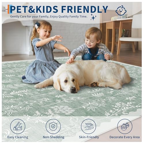 GarveeHome Washable 8x10 Area Rugs for Living Room Scalloped Floral Bedroom Rug, Non-Slip Stain Resistant Dining Table Carpet, Botanical Large Rug Neutral Carpet for Farmhouse Dorm Home Office,Green