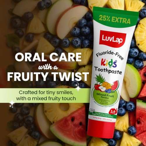 Image of LuvLap Baby Toothpaste for Kids 80gm + 25% Extra, Mix Fruit Flavour, SLS & Fluoride Free Baby Toothpaste, Removes Plaque, Prevents Bacteria & Cavities, Ensures Healthy Teeth & Gums, 12M+(Pack of 1)