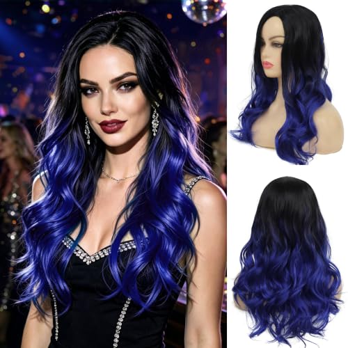 Sallcks Ombre Blue Wig Long Wavy Wig for Women Side Part Colored Synthetic Heat Resistant Wig for Daily Party Costume Halloween