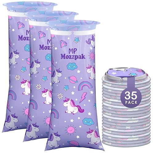 Image of MP MOZZPAK Vomit Bags Disposable 35 Pack - 1000ml Emesis Bags, Leak-Proof Barf Bag, Travel Friendly Puke & Nausea Bag for Motion Sickness, Medical Grade Throw up Relief for Car (35pk - Unicorn Style)