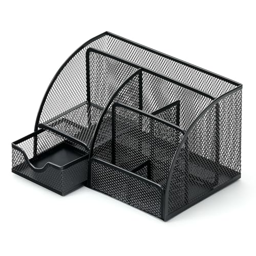 Mikankawa デスクオーガナイザー 卓上用 ペン立て 小物入れ 金属製 マルチパーティション 引き出し 底部防滑 オフィス サラリーマン (ブラック)