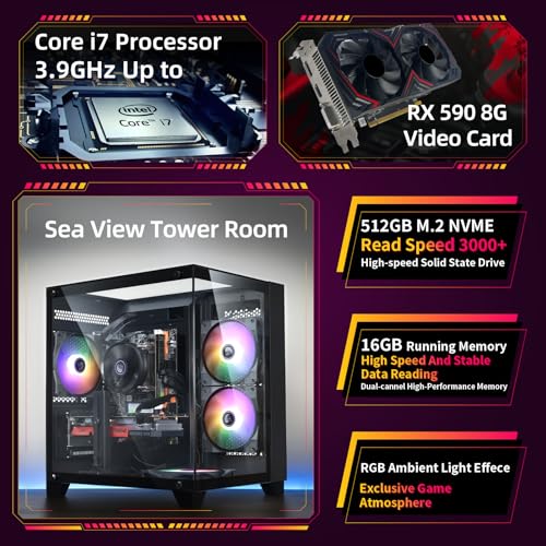 Image of Prebuilt Gaming PC Desktop,Intel Core i7 Business Office Tower Computers PC | RX590 8G Graphics Card, 16GB RAM and 512GB SSD, WiFi, Win11 Home, Suitable for Study,transaction,Entertainment,Gaming, etc.