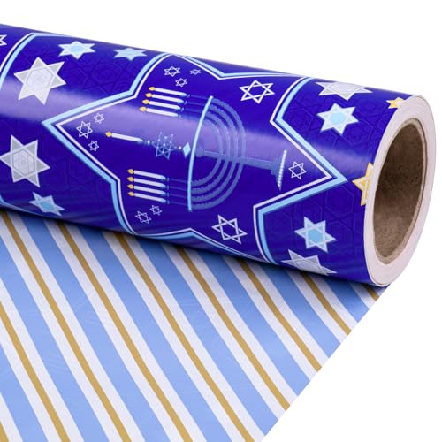 RUSPEPA Reversible Hanukkah Wrapping Paper Roll Mini Roll Blue Star of David and Menorah Design Blue Gold Diagonal Stripe Pattern Gift Wrap for Family Friends Xmas Hanukkah 17 Inches x 32.8 Feet