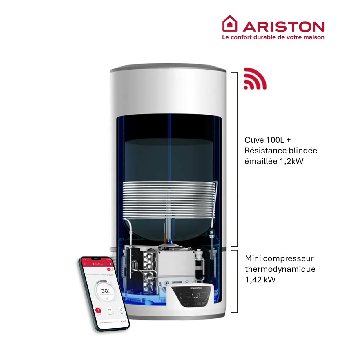 Ariston Lydos Hybrid Wifi 100L, Chauffe-Eau Thermodynamique Mural, Classe A, COP 1.89, Air Ambiant, 50% d'Économie d'Énergie, Prêt-à-Poser, Installation en France