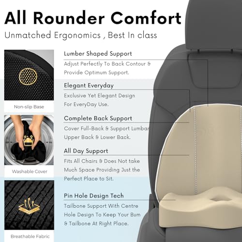 Image of Pillow Kit Memory Foam Back Support and Siting Cushion Ergonomic Adjust Sitting Position Relief Pain for Car or Office Chair. (Royal beigh, Spine Support)