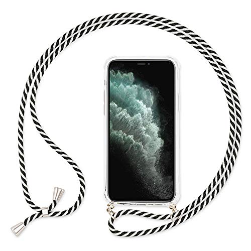 NALIA Necklace Cover with Band Compatible with iPhone 11 Pro Max Case, Slim Protective Transparent Hardcase & Adjustable Holder Strap, Easy to Carry Crossbody Phone Skin Bumper, Color:Black White