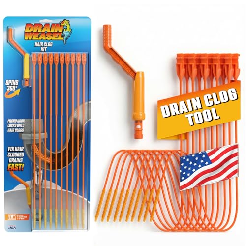FlexiSnake Drain Weasel Sink Snake Hair Clog Remover Tool, Sink, Pipe, Bathroom, Bathtub Drain Cleaner, 18-inch Long, Flexible, Made in The USA, 10 Pack Wand Refills and Removable Handle
