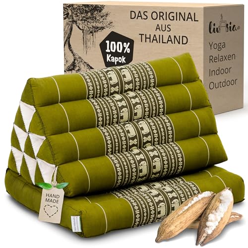 livasia Thaikissen mit 1 Auflage - 75x50x8cm - Dreieckskissen mit Sitzkissen, Keilkissen mit Kapok, Rückenkissen faltbar, Thaimatte zum Klappen,...
