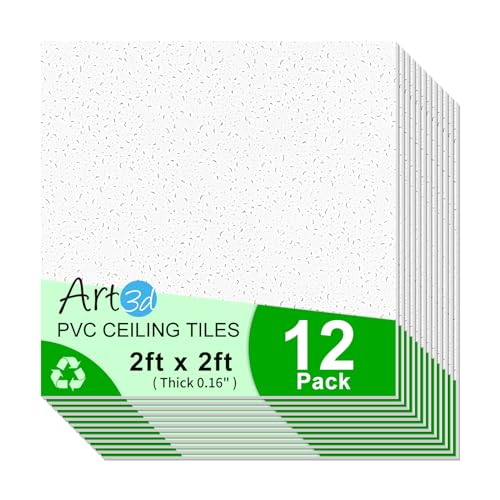 Image of Art3d 24 inchx24 inch Stucco Printed Drop Ceiling Tiles, 2x2ft Decorative PVC Ceiling Tiles for Home, Office, Restaurant and Gym, Covering 48 Sq.,ft, 12 Pack, White