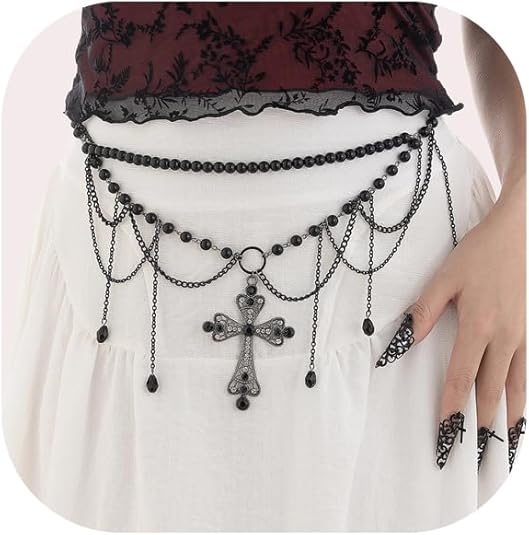 Mulitlayered Beaded Waist Chain Belt Rhinestone Cross