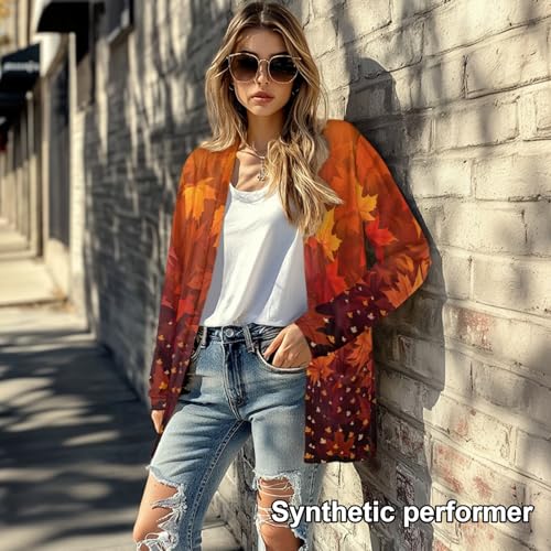 Image of Fall Maple Leaf Cardigan Sweaters for Women Long Sleeve Cardigan Soft Drape Open Front Dusters V-Neck Jackets Dressy