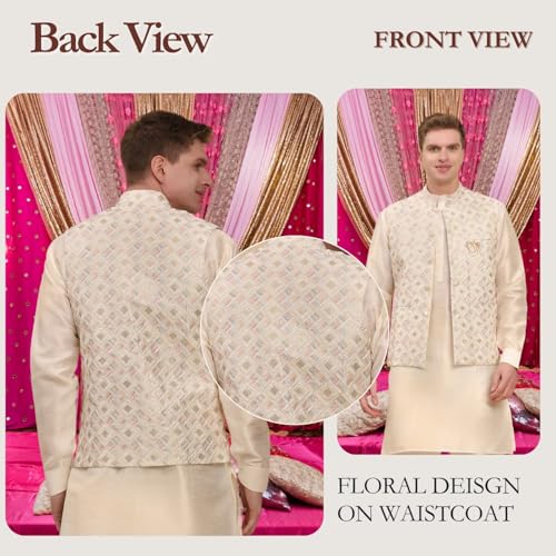 Mens Indian Traditional Silk Kurta Set With Jacket For Men Floral Design (C-112)4