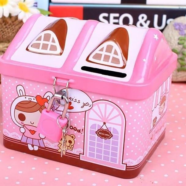 Kids Lockable Piggy Bank Coin Box with Key | Cute House Shape Money Saving Box for Children | Cartoon & Space Design Cash Coin Bank | Educational Savings Toy Gift for Boys & Girls