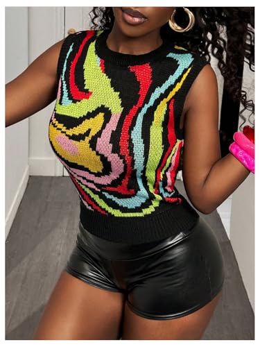 WDIRARA Women's Graphic Sleeveless Sweater Vest Crew Neck Pullover Knit Tank Top2