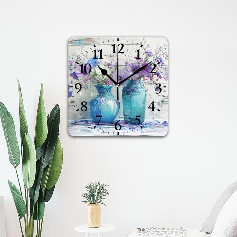 Quartz Wall Clocks Non-Ticking Silent Battery Operated Modern Wall Clocks Decorative for Home,Bedroom-Vases of Purple and Blue Flowers On White Wooden Background(16inch)