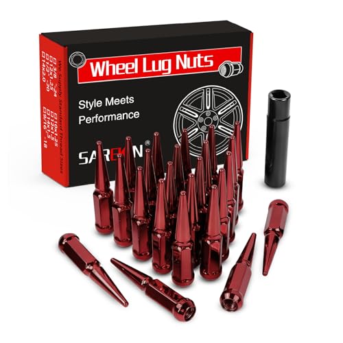 SAREKIN M14x1.5 Spiked Lug Nuts 3/4 Hex Closed End Nut with 1 Socket Key Wheel Spiked Lug Nuts for Silverado Sierra 1500 2500 3500 F150 F250 F350 Fit for Aftermarket Wheel(24Pcs Red)