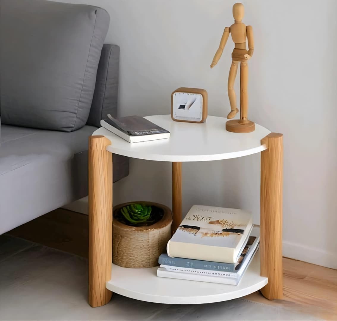 VIXERA Modern Round Side Table, Home Decor for Living Room, Bed Side Tables for Bed Room, stools for Home, Furniture for Home, 2-Tier White Shelves, 30 x 30 x 40 cm-image-49