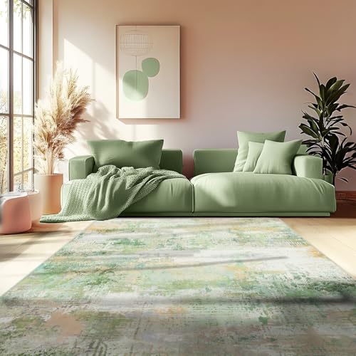 MAST DOO Tappeto per soggiorno, lavabile, moderno a pelo corto, grande, astratto, lavabile, antiscivolo, per sala da pranzo, ufficio, decorazione giallastra, verde, dimensioni 140 x 200 cm