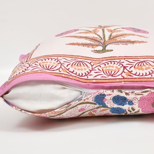Image of BLOCKS OF INDIA Hand Block Printed Cotton Linen Cushion Cover (16 X 16 Inches) (Brown Purple Motifs), 250 TC