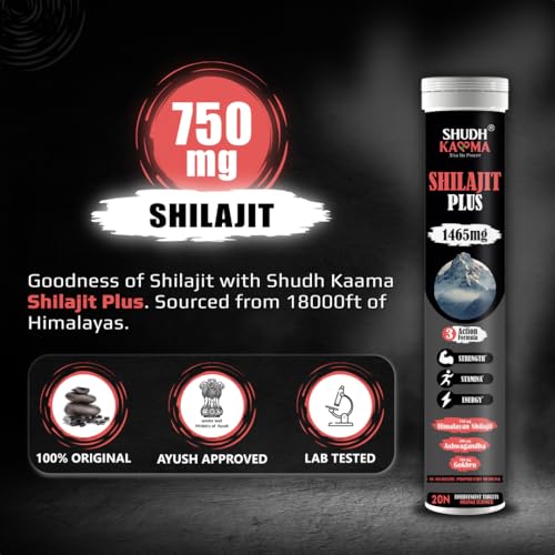 Image of Shudh Kaama Original Himalayan Shilajit /Shilajeet (750mg) Effervescent with Ashwagandha, Gokshura & Safed Musli for Strength & Muscle Gain - (Pack of 4) 80 Tablets