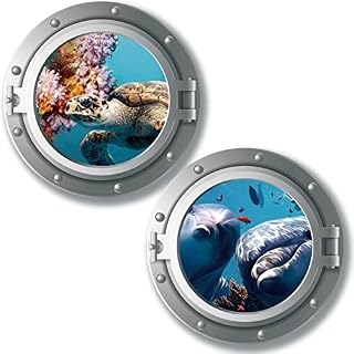 decalmile 2 Pcs 3D Porthole Under the Sea Wall Decals Turtle Dolphin Wall Stickers Baby Nursery Kids Bedroom Bathroom Wall Decor (Diameter: 43cm)
