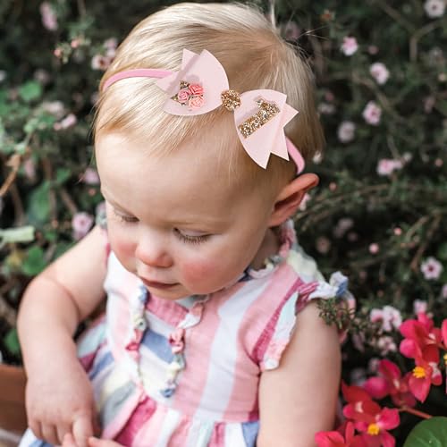 Birthday Girl bow for Baby Girls - 1st Birthday Pink Bow Headdress,Gold Glitter Birthday Bow Headband Flowers,Photo Props4