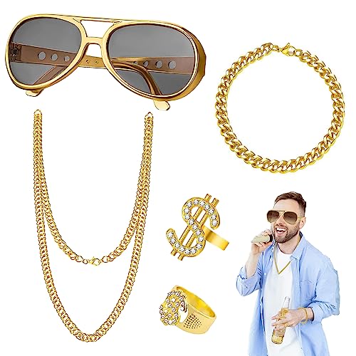 5St Halskette Dollar Ring Goldkette Armband 80er 90er Jahre Rapper Accessoires für Männer Zuhälter Kostüm Set Fasching Karneval Accessoires für Herren Verkleidung Set Party Foto Requisiten