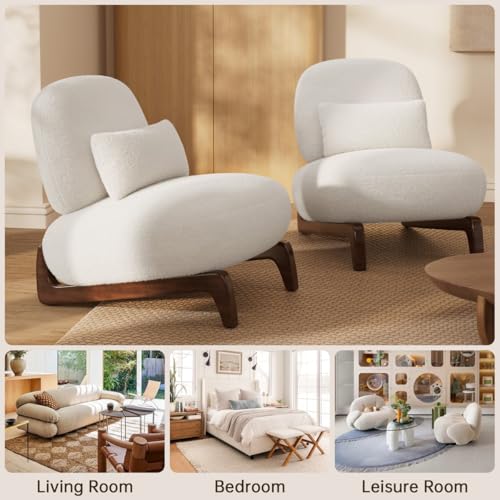 Image of Modern Upholstered Lounge Chair | Premium Fabric Accent Chair with Solid Wooden Legs | Comfortable Single Seater for Living Room, Bedroom & Office (White)