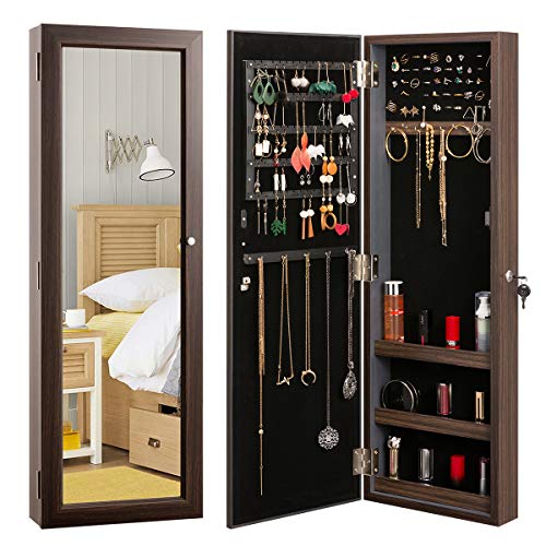 Marble Field Mirrored Jewelry Cabinet Lockable Wall Door Mounted Jewelry Armoire Organizer with Full Length Mirror Space Saving Lockable,Brown