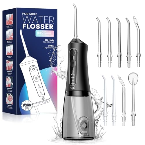 JTF Irrigatore Orale Senza Fili, Portatile Idropulsore Dentale Professionale Ricaricabile USB, 4 Modalità e 9 ugelli e Capacità 300ML Elettrico Water Flosser Impermeabile IPX7 per Viaggi a Casa(Nero)