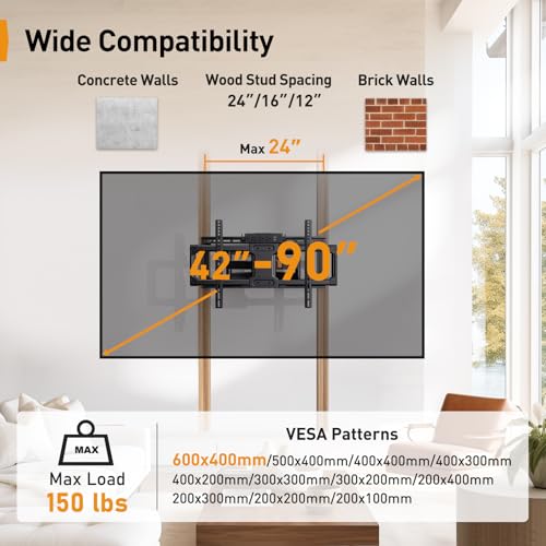 undefined Perlegear Full Motion TV Wall Mount with Power Strip for 42–90 Inch TVs up to 150 lbs, Pre-Assembled TV Mount Has Smooth Swivel, Tilt, Extension, Max VESA 600x400mm, 12“/16”/24” Wood Studs, PGLF11 の商品画像 1