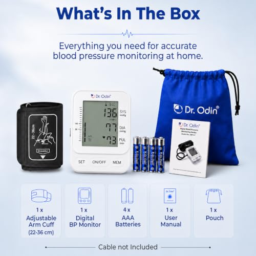 Image of Dr. Odin OBP107 Digital Blood Pressure Machine | Automatic Upper Arm, Large LCD Display, 2 Users x 99 Memory, Pulse Rate Monitor, 22-36 cm Cuff
