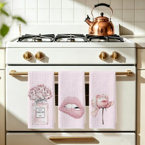 Image of 3 Pcs Pink Hand Towels, Perfume Flower Decor Reusable Dish Towels