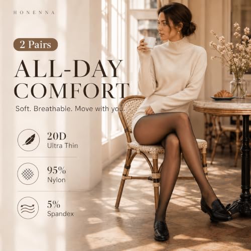 Image of HONENNA Sheer Tights for Women 2 Pairs Ultra Thin Reinforced T Crotch Control Top Pantyhose Stockings