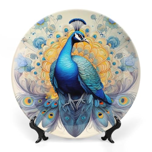 BHTLARNGY Peacock Ceramic Decorative Plate, Peafowl Decorative Dish with Stand,