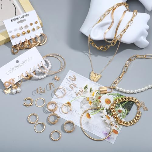 NEWITIN 93 Pieces Gold Jewelry Set for Women Fashion Costume Jewelry Gold Plated Ear Cuffs Necklaces Bracelets Rings Earrings Set for Women3