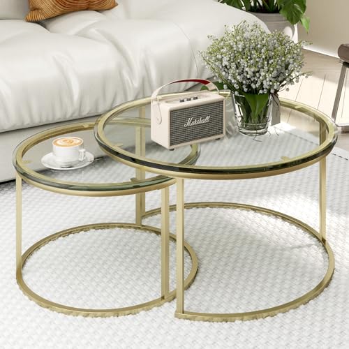 Furnivado 31.5' Nesting Coffee Table Set of 2, Round Nesting Coffee Tables with Tempered Glass Top,...