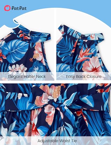 Image of PATPAT Family Hawaiian Matching Outfits - Mommy and Me Vacation Outfits | Halter Sundresses and Button Down Shirts,Caribbean Vacation Summer Tropical Outfits,Hawaiian Boho Tropical Floral Printed