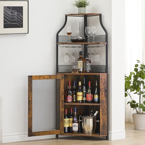 Amyove Corner Wine Bar Cabinet with Detachable Wine Rack, Industrial Wine Cabinet with Glass Holder, Small Sideboard and Liquor Coffee Bar Cabinet with Mesh Door, Retro Brown