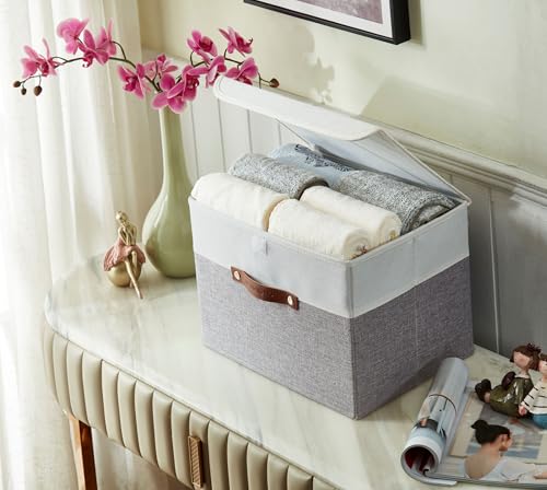 Image of DECOMOMO Foldable Storage Bin with Lids [3-Pack] Collapsible Sturdy Cationic Fabric Storage Basket Box Container W /Handles for Organizing Shelf Nursery Linen (Grey & White, 15 x 11 x 11 inch - 3 Pack)