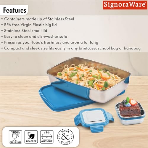 Image of SignoraWare Munch Mate Stainless Steel Lunch Box | Airtight & Leakproof | Durable & Compact | Easy to Carry | Ideal Tiffin for Office, School & Travel (550ml + 130ml | TBlue)